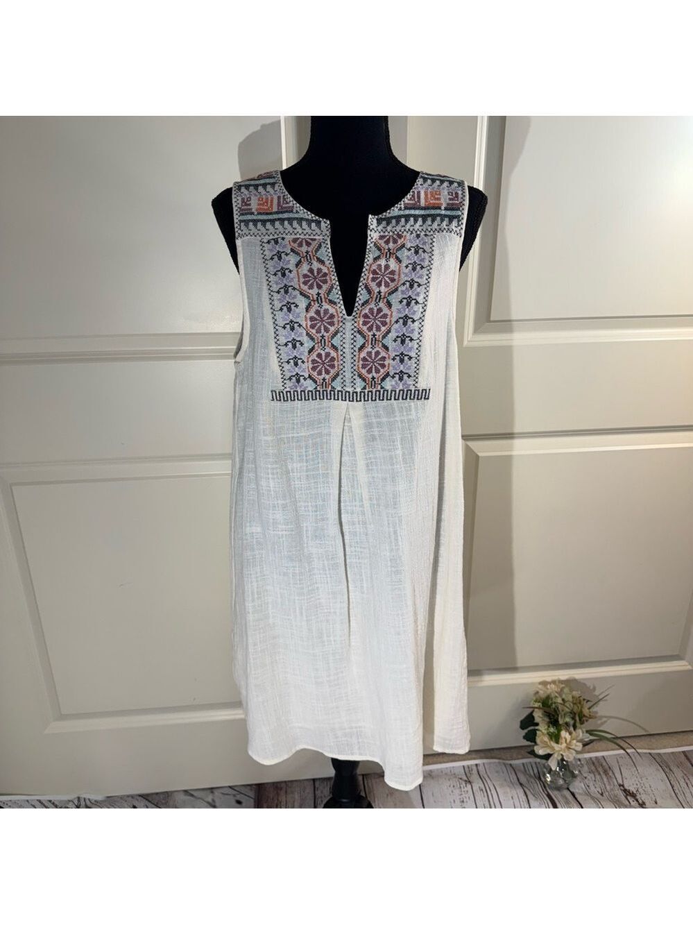 Entro Boho Embroidered Cream Sleeveless Cotton Dress Large